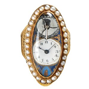 Swiss navette shaped ring watch with visible balance Circa 1850