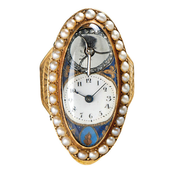 Swiss navette shaped ring watch with visible balance Circa 1850
