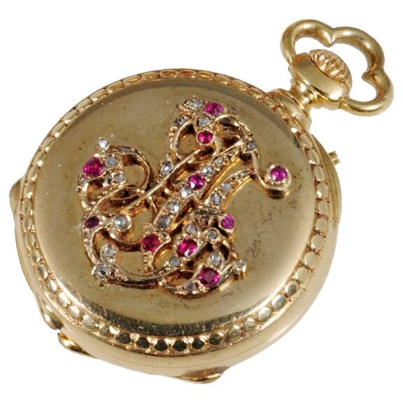 French miniature watch set with diamonds and rubies Circa 1870 French miniature watch set with diamonds and rubies Circa 1870