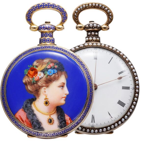 English half pearl set silver-gilt pocket watch Circa 1860 English half pearl set silver-gilt pocket watch Circa 1860