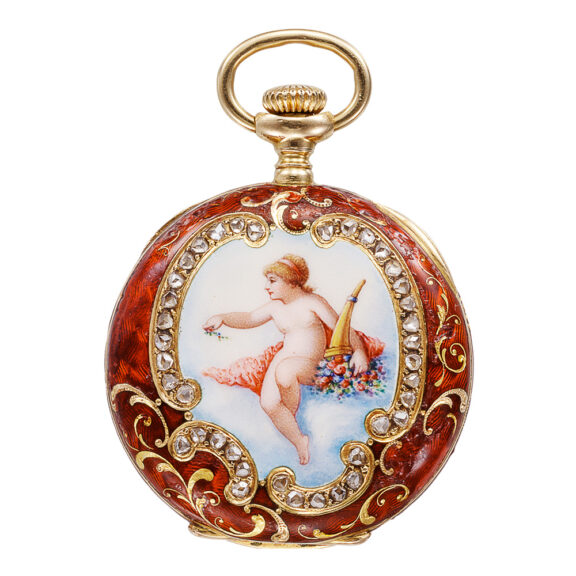 Swiss gold enamel Art Nouveau pendant watch Circa 1907 Swiss gold enamel Art Nouveau pendant watch Circa 1907