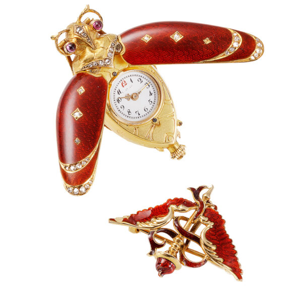 Swiss gold and enamel beetle-form brooch watch Circa 1890ooch watch Circa 1890 Swiss gold and enamel beetle-form brooch watch Circa 1890