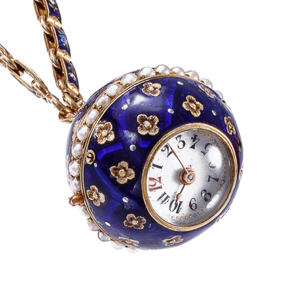 Swiss gold and enamel pearl-set ball form watch Circa 1890 Swiss gold and enamel pearl-set ball form watch Circa 1890