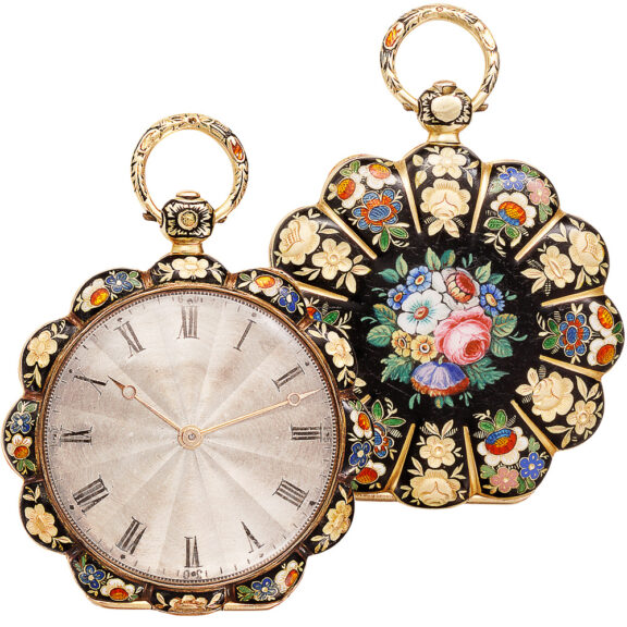 French gold champlevé enamel scallop shaped watch Circa 1830