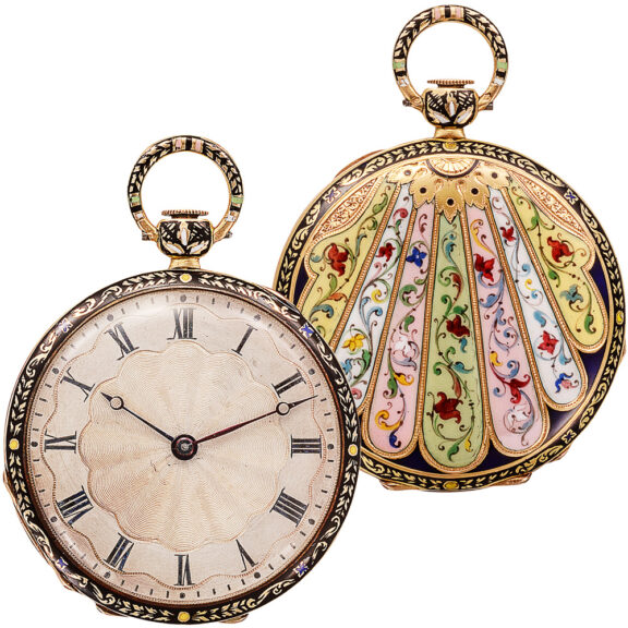 French gold champlevé enamel cylinder pocket watch Circa 1835