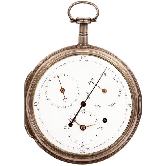 Swiss silver calendar coach watch with open-face Circa 1775 Swiss silver calendar coach watch with open-face Circa 1775