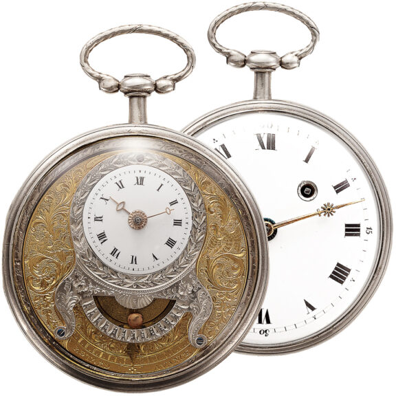 Swiss double faced pocket watch with mock pendulum Circa 1810