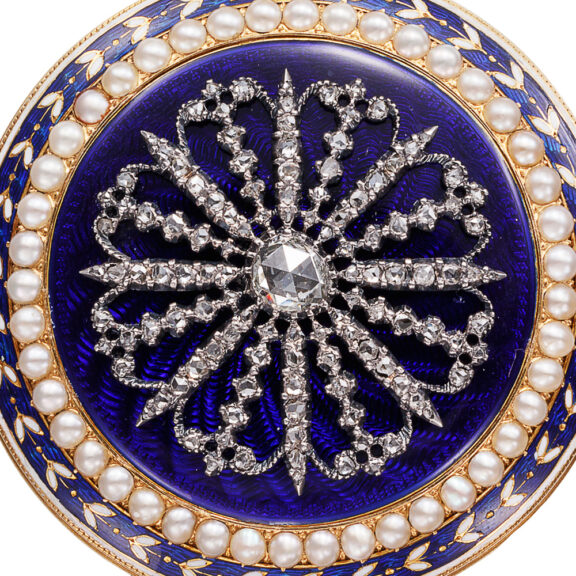 English gold, enamel, diamond and pearl set watch Circa 1800 English gold, enamel, diamond and pearl set watch Circa 1800