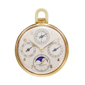 Swiss gold open faced pocket watch with six complications Circa 1946
