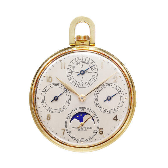 Swiss gold open faced pocket watch with six complications Circa 1946 Swiss gold open faced pocket watch with six complications Circa 1946