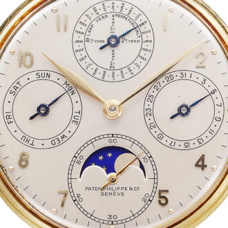 Swiss gold open faced pocket watch with six complications Circa 1946 Swiss gold open faced pocket watch with six complications Circa 1946