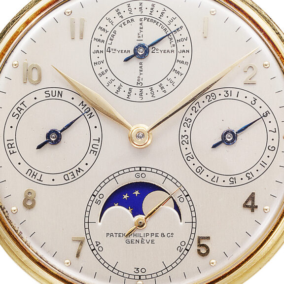 Swiss gold open faced pocket watch with six complications Circa 1946 Swiss gold open faced pocket watch with six complications Circa 1946