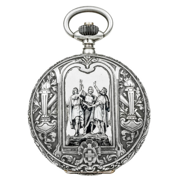 Swiss silver pocket watch with historical enamel scenes Circa 1900 Swiss silver pocket watch with historical enamel scenes Circa 1900