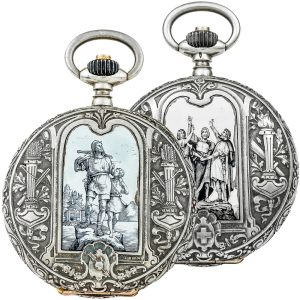 Swiss silver pocket watch with historical enamel scenes Circa 1900