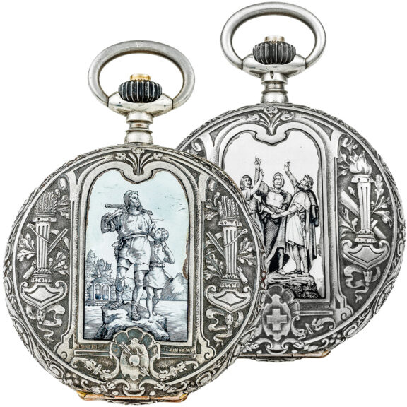 Swiss silver pocket watch with historical enamel scenes Circa 1900