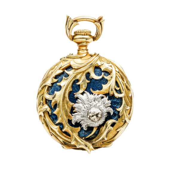 Swiss gold watch with blue champlevé background Circa 1900 Swiss gold watch with blue champlevé background Circa 1900