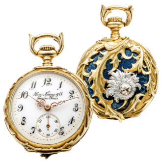 Swiss gold watch with blue champlevé background Circa 1900