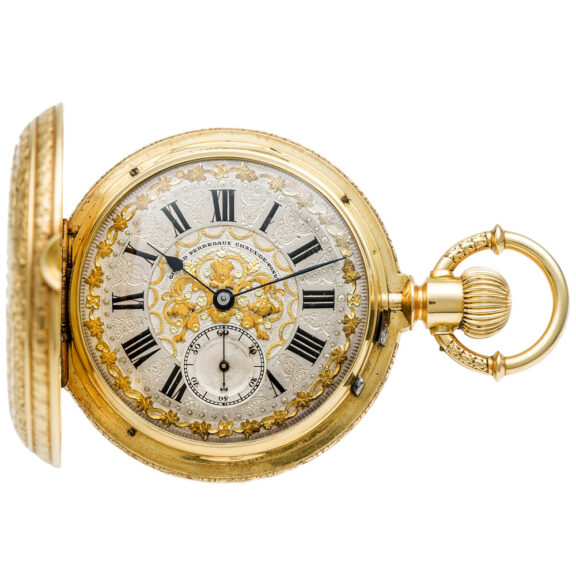 Swiss gold decorative pocket watch with double dial Circa 1890 Swiss gold decorative pocket watch with double dial Circa 1890