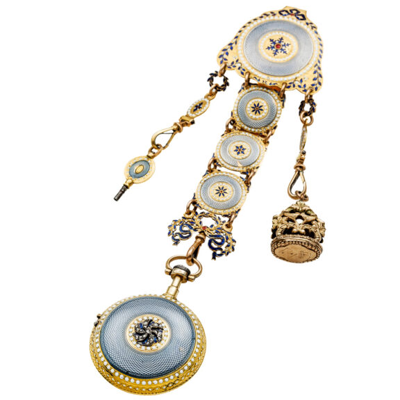 French gold enamel verge pocket watch with chatelaine Circa 1780 French gold enamel verge pocket watch with chatelaine Circa 1780
