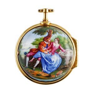 French gold pocket watch with enamel cloisonné scene Circa 1780