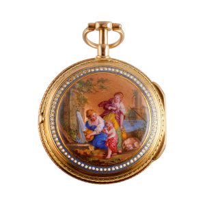 Gold watch decorated with polychrome enamel scene Circa 1790