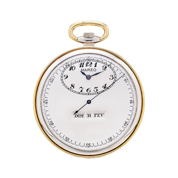 Swiss 18K gold lever with center seconds and linear calendar Circa 1930