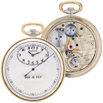 Swiss 18K gold lever with center seconds and linear calendar Circa 1930
