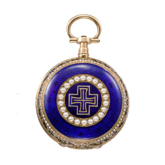French gold enamel lady's pendant watch with chain Circa 1870