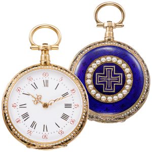 French gold enamel lady's pendant watch with chain Circa 1870