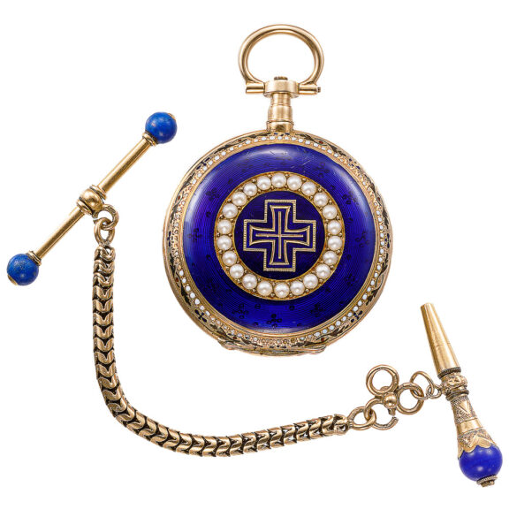 French gold enamel lady's pendant watch with chain Circa 1870 French gold enamel lady's pendant watch with chain Circa 1870