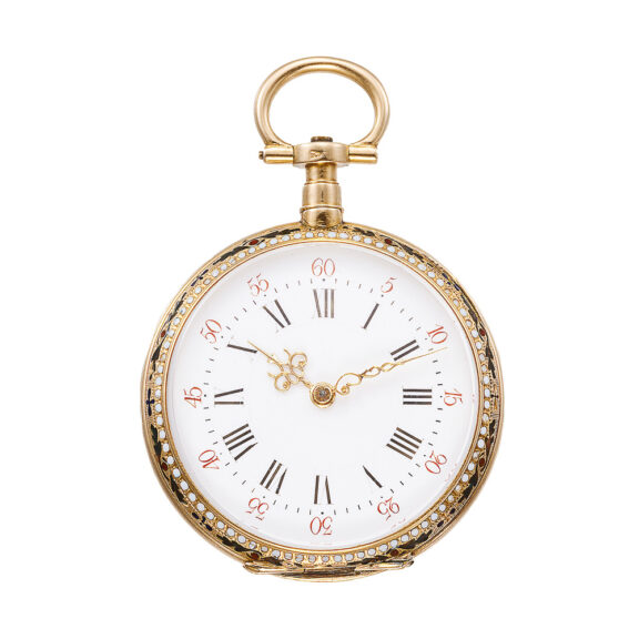 French gold enamel lady's pendant watch with chain Circa 1870 French gold enamel lady's pendant watch with chain Circa 1870