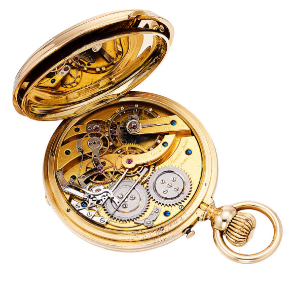 Swiss gold pocket watch with early chronograph Circa 1875-1878 Swiss gold pocket watch with early chronograph Circa 1875-1878