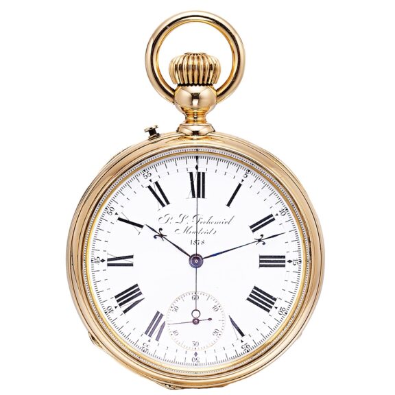 Swiss gold pocket watch with early chronograph Circa 1875-1878 Swiss gold pocket watch with early chronograph Circa 1875-1878