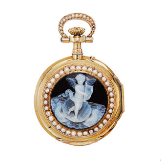 Swiss gold pearl and agate-cameo-set pendant watch Circa 1874