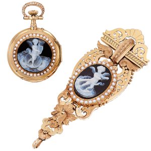 Swiss gold pearl and agate cameo set pendant watch Circa 1874