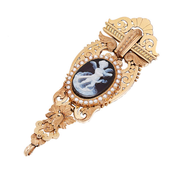 Swiss gold pearl and agate-cameo-set pendant watch Circa 1874 Swiss gold pearl and agate-cameo-set pendant watch Circa 1874