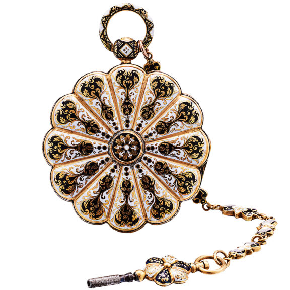 Swiss scallop-edged gold and enamel pocket watch Circa 1830 Swiss scallop-edged gold and enamel pocket watch Circa 1830