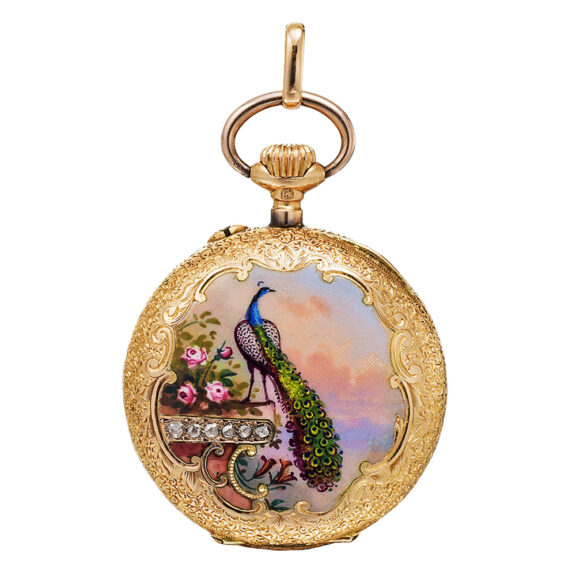 Swiss gold and enamel, diamond-set pendant watch Circa 1890 Swiss gold and enamel, diamond-set pendant watch Circa 1890