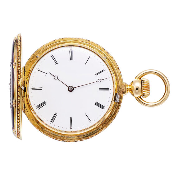 Swiss gold hunting cased watch with concealed portrait Circa 1854 Swiss gold hunting cased watch with concealed portrait Circa 1854