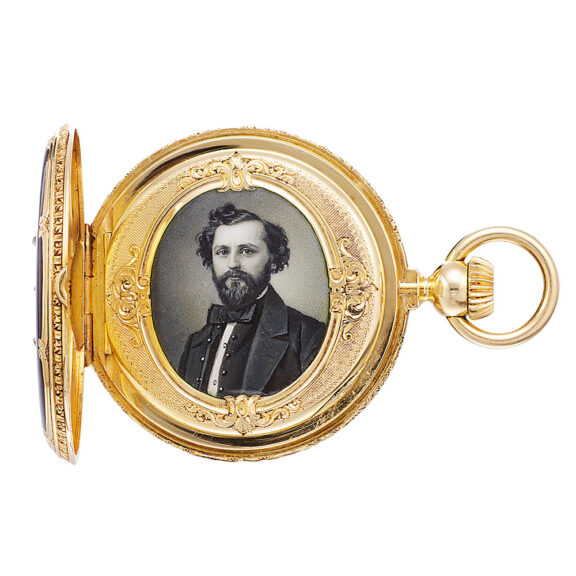 Swiss gold hunting cased watch with concealed portrait Circa 1854 Swiss gold hunting cased watch with concealed portrait Circa 1854