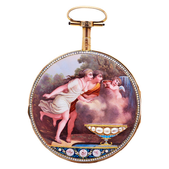 Swiss gold, enamel and pearl set pocket watch Circa 1790 Swiss gold, enamel and pearl set pocket watch Circa 1790