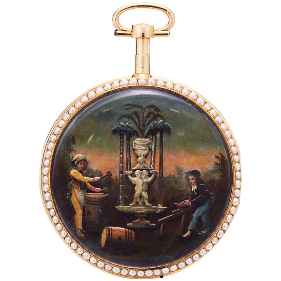 Swiss 18K gold and enamel vernis Martin automaton Circa 1795 Swiss 18K gold and enamel vernis Martin automaton Circa 1795