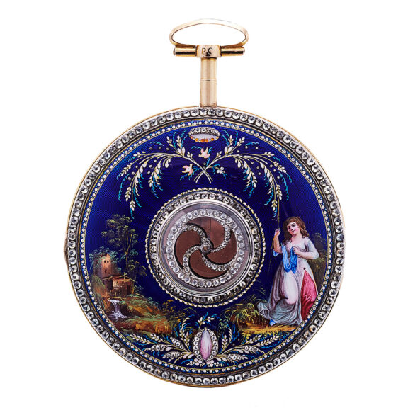 Swiss diamond-set pocket watch in gold and enamel Circa 1790 Swiss diamond-set pocket watch in gold and enamel Circa 1790