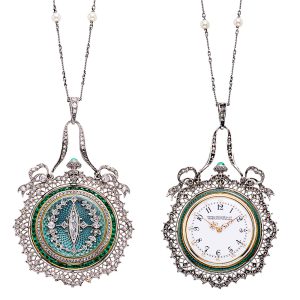Swiss gold, platinum and enamel pendant watch Circa 1909