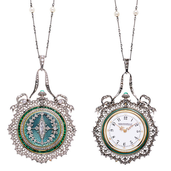 Swiss gold, platinum and enamel pendant watch Circa 1909