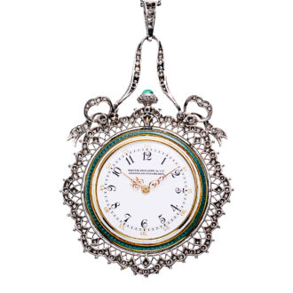 Swiss gold, platinum and enamel pendant watch Circa 1909