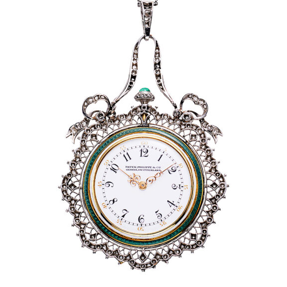 Swiss gold, platinum and enamel pendant watch Circa 1909 Swiss gold, platinum and enamel pendant watch Circa 1909