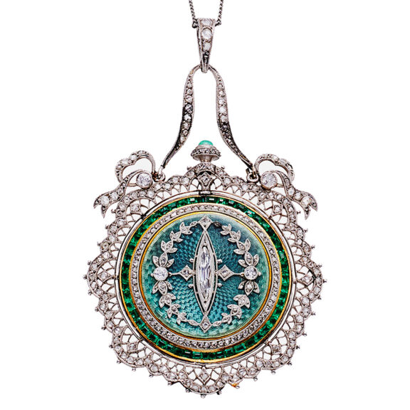 Swiss gold, platinum and enamel pendant watch Circa 1909 Swiss gold, platinum and enamel pendant watch Circa 1909
