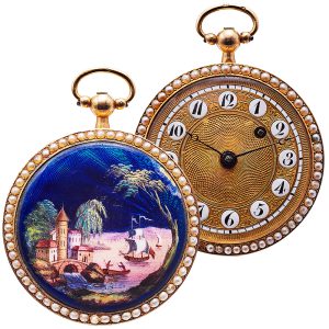 Gold and flinqué enamel pendant watch with open-face Circa 1800-1810