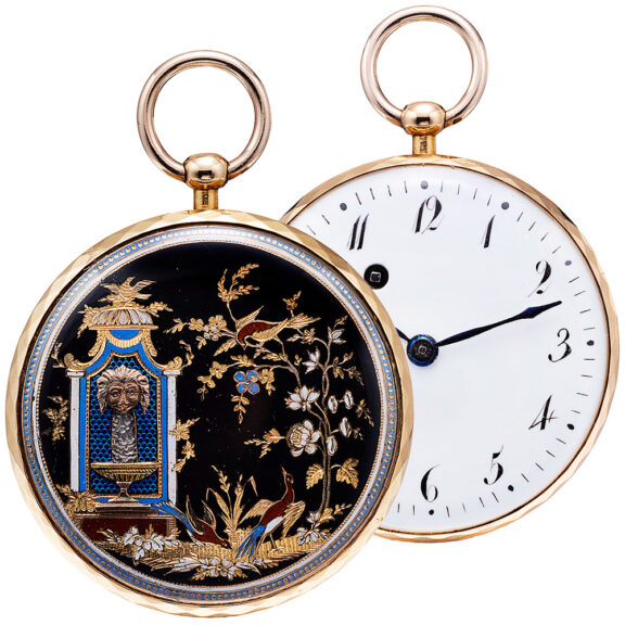 Gold and enamel watch with wandering automata Circa 1800-1810